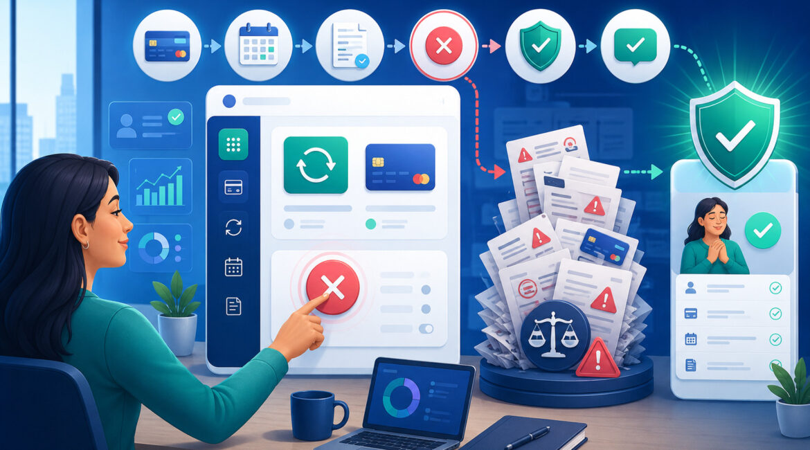Subscription cancellation and dispute prevention illustration with billing, warning, and protection icons