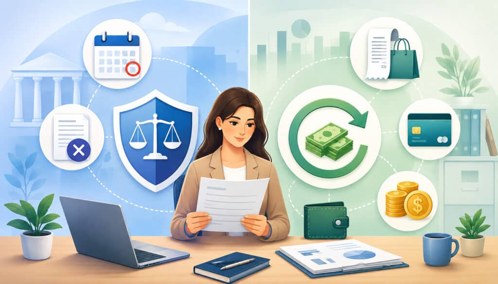 CROA cancellation rights and refund policy comparison illustration with legal and payment icons