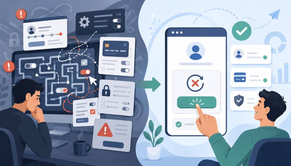 Dark patterns and signup friction contrasted with simple one-click subscription cancellation
