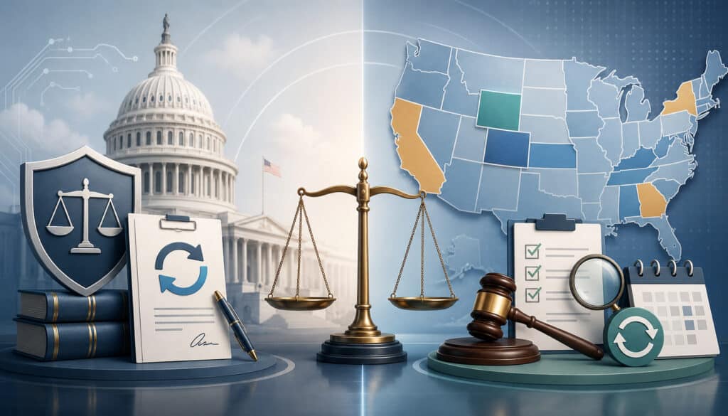 Federal and state auto-renewal laws illustrated with legal, compliance, and renewal icons