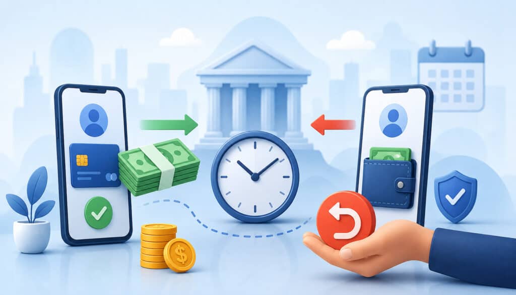 Payment timing and refund illustration with clock, money transfer, bank, and return payment icons