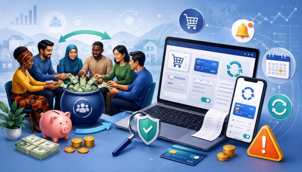 ROSCA savings group and online recurring billing illustration