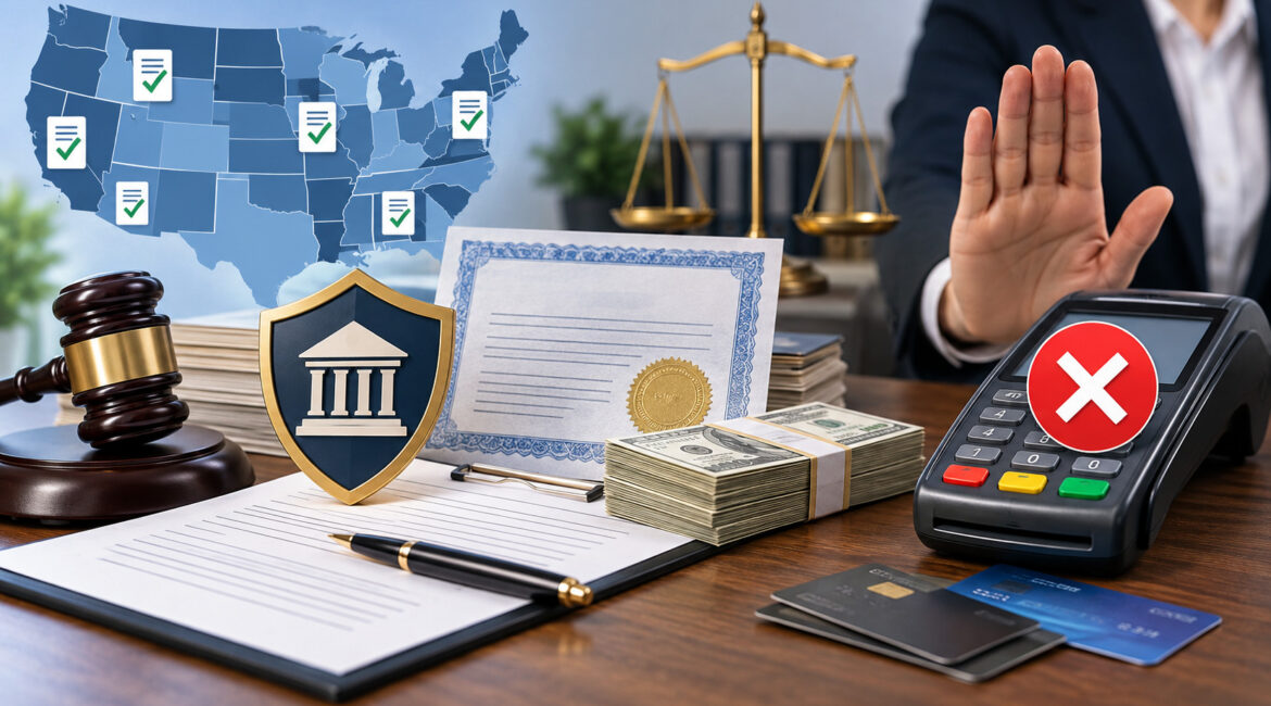 Credit services registration, surety bond, and merchant account compliance illustration